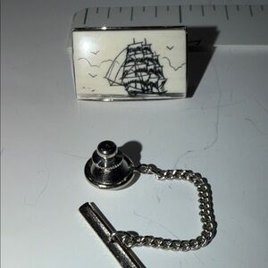 Silver Scrimshaw Style Ship Design Tie Clip